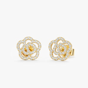 14k rose gold diamond flower stud earrings with micro pave petals, round design