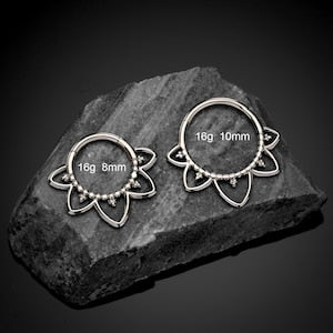 Titanium hinged flower-petal daith clicker hoops, silver tone; 16g 8mm & 10mm
