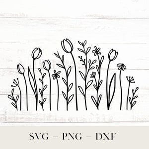 Floral border graphic with outlined tulips and small wildflowers in black