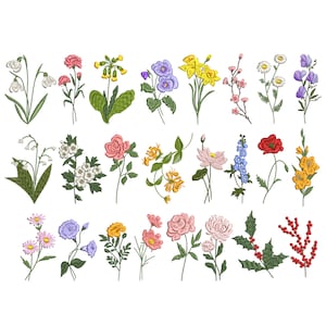 Floral machine embroidery design bundle with 24 wildflower and botanical flower motifs