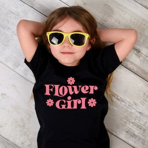 Kids black T-shirt with red 'Flower Girl' lettering and pink flower graphic