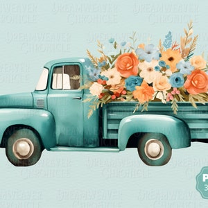 Teal vintage truck clipart with large bouquet of orange and blue flowers in bed