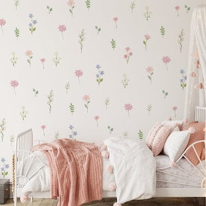 Pastel watercolor flower and leaf wall stickers, scattered botanical design for walls
