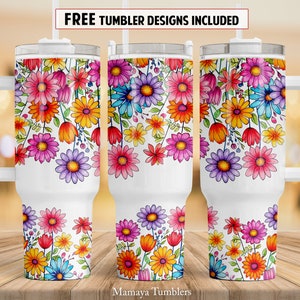 40 oz Quencher tumbler with colorful floral sublimation wrap, three tumblers shown