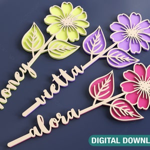 Personalized floral name laser-cut set with flower and leaf icons, multi-color