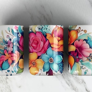 Set of 3 floral coffee mugs with colorful rose and blossom artwork