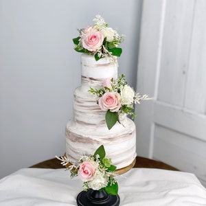 Pink floral cake topper set with roses and greenery for wedding cakes