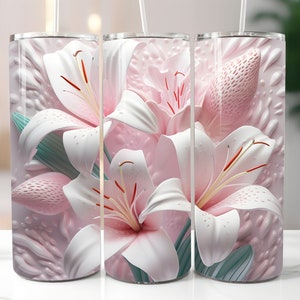 Skinny tumbler wrap design with white and pink lilies, orange stamens, and green leaves