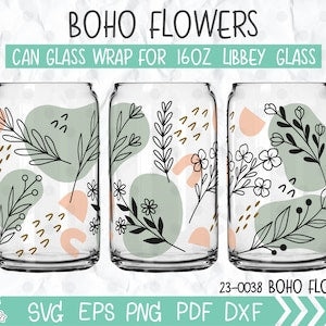16oz boho floral coffee glass can with abstract seamless line artwork