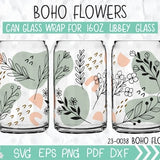 Boho Wildflower Libbey Coffee glass can 16oz, abstract design,  Boho floral Sublimation Coffee glass can, seamless line flowers boho style