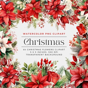 Watercolor Christmas flower PNG clipart with red poinsettias and green foliage bouquets