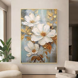 Original White Flower Oil Painting On Canvas, Large Wall Art, Abstract Floral Painting, Gold Wall Decor Living Room Custom Painting Gift
