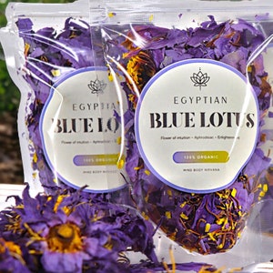 Pack of blue lotus flower petals labeled Egyptian Blue Lotus, organic natural