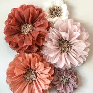 Set of 5 large paper flowers in rust, blush, lavender, and white