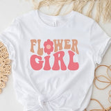 White short-sleeve flower girl T-shirt with colorful “FLOWER GIRL” graphic