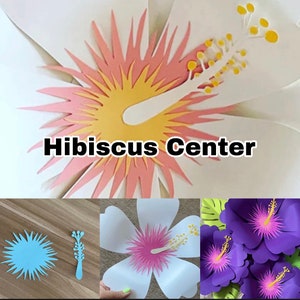 Hibiscus paper flower center with pink petals and yellow stamen on a cutout