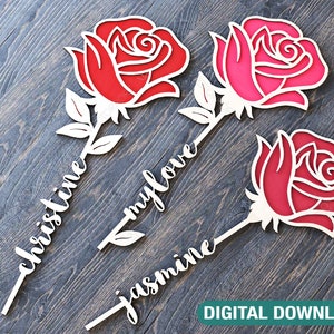 Red rose laser-cut acrylic name topper with white stems and cursive message, set of 3