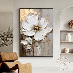 Floral 3D acrylic wall art with white flower and gold textured accents on canvas
