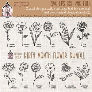 Birth month flower bundle line-art SVG set with 12 month flowers and leaves