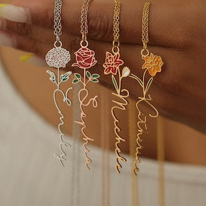 Birth-flower nameplate necklaces with cursive name charms, gold and silver tones