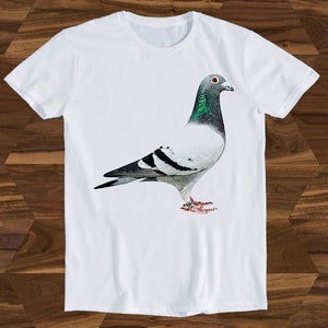 White T-shirt with colorful pigeon bird graphic on front