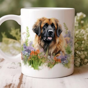 White ceramic coffee mug with watercolor Leonberger dog and colorful wildflowers