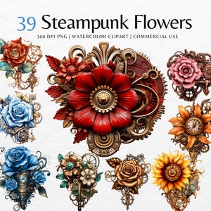 Steampunk watercolor flower clipart bundle with brass gear accents, multiple PNGs