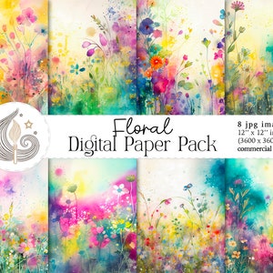 Watercolor floral digital paper pack with spring meadow backgrounds, printable for design