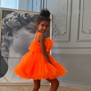 Hot orange sleeveless tutu tulle birthday girl dress with layered skirt