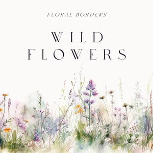 Watercolor wildflower clipart set, pale meadow with purple and pink blossoms