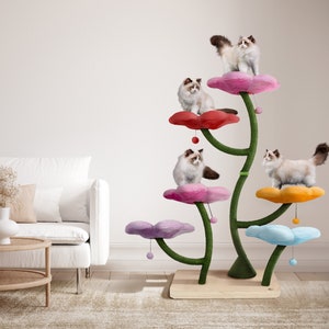 Wooden flower cat tree tower with pink purple red blossoms and dangling toys
