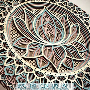 Layered lotus flower mandala design in teal, pink, and beige within a circular SVG pattern