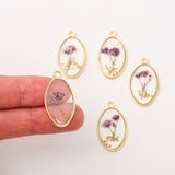5Pcs Gold Oval Pressed Flower Charm Pendant, Tiny Cute Dried Purple Wild Flower Plant Glass Charm for Necklace Earrings DIY Jewelry Findings