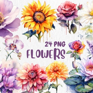 Watercolor flower clipart set with sunflowers, roses, orchids, and pastel blooms