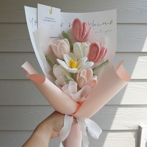 Crochet Flowers Bouquet Handmade, Finished Product, Tulip, Rose for Anniversary, Birthday, Graduation, Girlfriend, Mother love forever gift