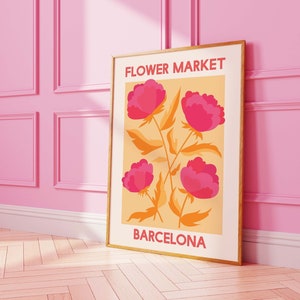 Framed floral wall art print, pink and orange flowers, 'FLOWER MARKET' and 'BARCELONA'