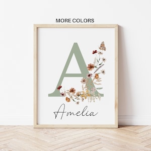Nursery wall art print with large letter A, wildflower watercolor illustration and custom name