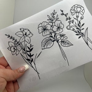 Floral birth month flower decal sticker sheet with black line art bouquet