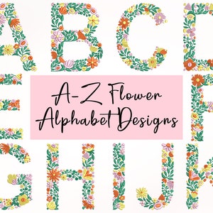 Floral flower alphabet embroidery design set with letters A to Z, four sizes