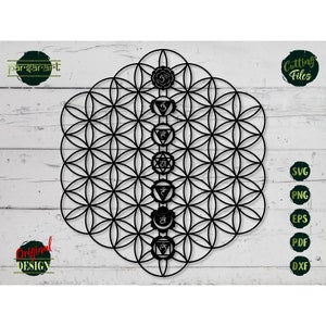 Black flower of life mandala SVG with seven chakra symbols in vertical center