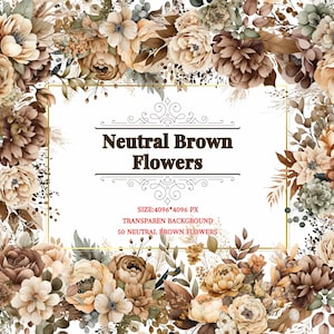 Neutral floral watercolor clipart frame with beige and brown flowers, bouquet elements