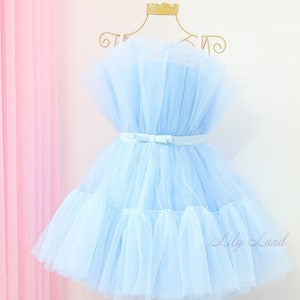 Light blue layered tulle flower girl dress with ribbon waist belt