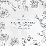Birth Month Flowers Clipart Set SVG, Line Art Floral Bouquet PNG, DIY Birth Month Botanical Kit, Flower Birthday Illustrations, Hand Drawn