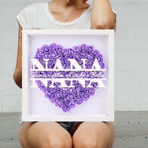 Purple rose heart shadow box with 'NANA' lettering in a white frame