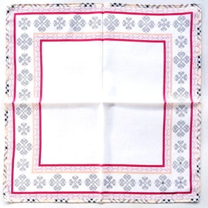 Burberry pocket square with white floral pattern and pink-red border, square