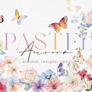 Pastel watercolor floral design with roses, bouquets and butterflies