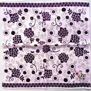 Purple floral handkerchief with ornate vine border, 20" x 20"
