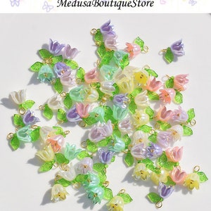 Set of pastel bell-flower glass charms with leaf accents, for DIY jewelry