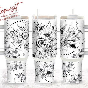 Boho flowers tumbler wrap, black and white floral outline on white background, 2-piece