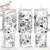 Boho Flowers Black and White 40 oz 2 piece Tumbler Wrap, 40oz Sublimation Design, Seamless 40oz Tumbler Wrap, Sublimation Downloads PNG